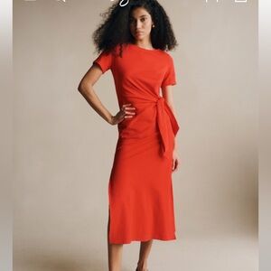 Sezane Pippa Side Tie Midi Dress Size Small Coral Stretch Short Sleeves Classic